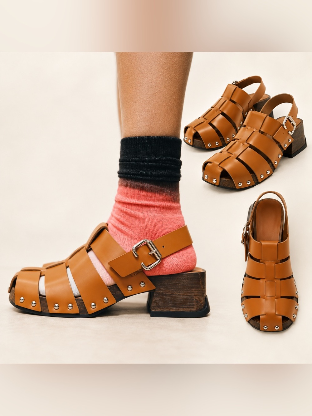 Miista Darlene Brick Brown Leather Wood Clog Sandals 8.5 EU 39 $395